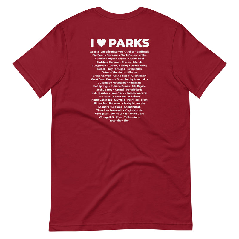 I Love Parks badge Unisex Tee with Parks List on Back