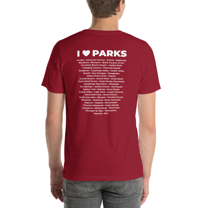I Love Parks badge Unisex Tee with Parks List on Back