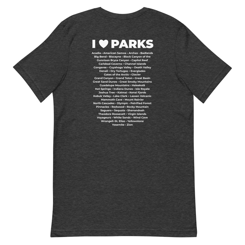 I Love Parks badge Unisex Tee with Parks List on Back