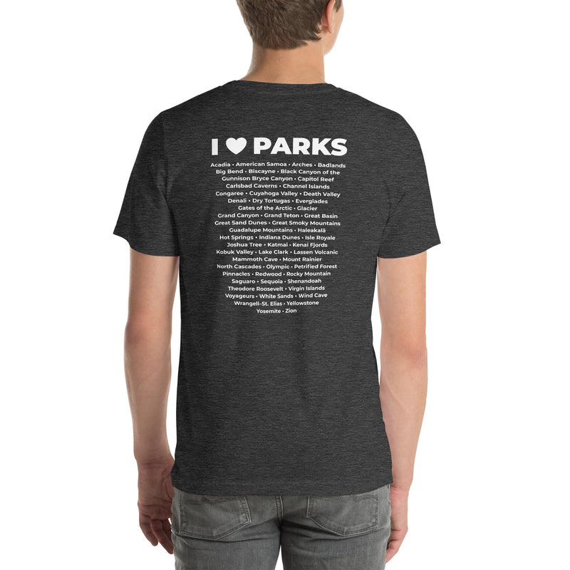 I Love Parks badge Unisex Tee with Parks List on Back