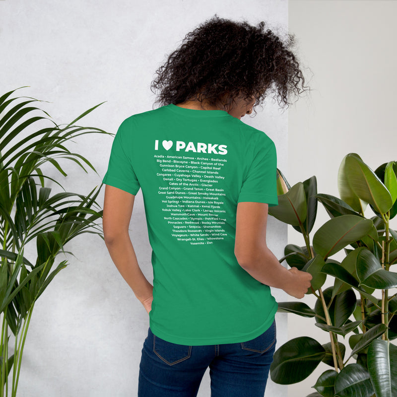 I Love Parks badge Unisex Tee with Parks List on Back