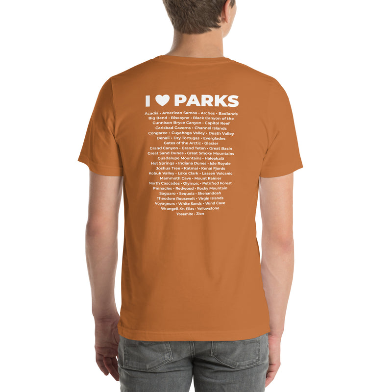 I Love Parks badge Unisex Tee with Parks List on Back