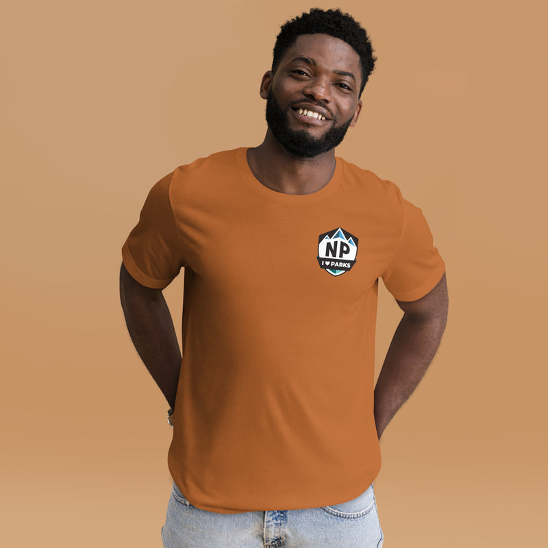 I Love Parks badge Unisex Tee with Parks List on Back